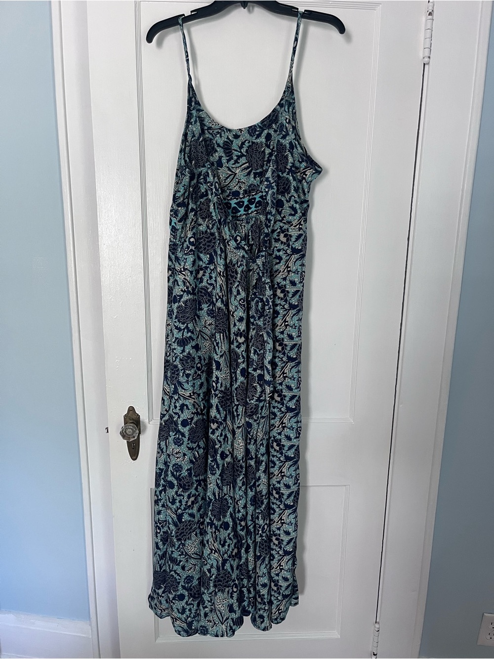 Blue-Green Satin Printed Maxi Dress - Picture 2 of 6